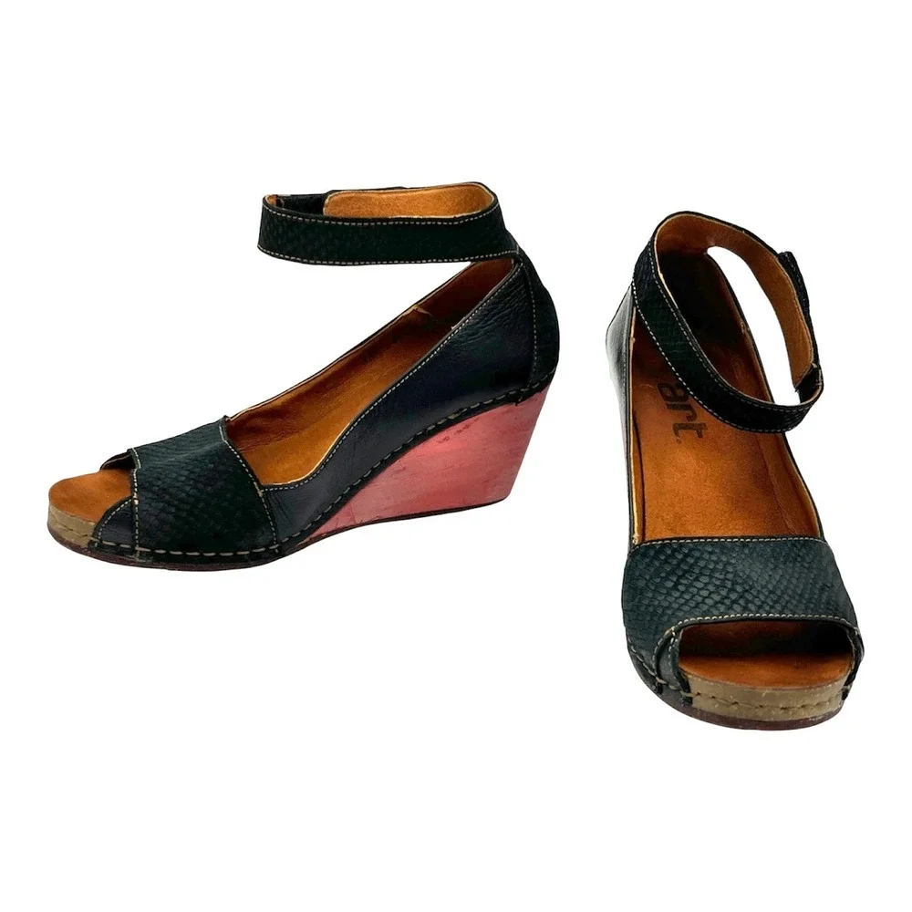 Art Company Black Leather Pink Wedge Ankle Strap Sandals Peep Toe EU 41 Chunky
